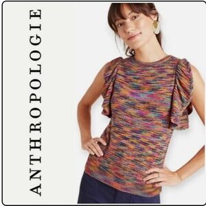 🌞 Anthropologie Ruby Flutter Open Short Sleeves Multicolor Top Sweater Sz.L EUC